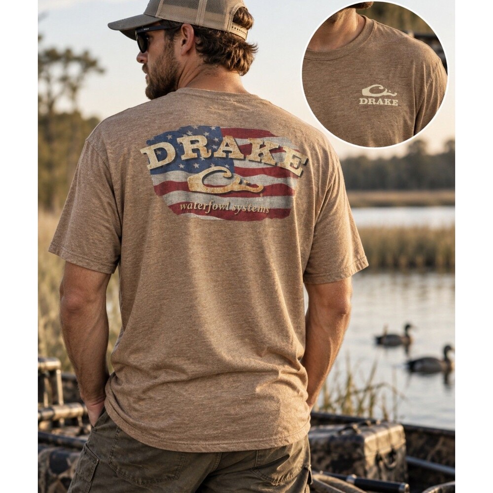 Drake Waterfowl Systems T Shirt Mens XL American Flag Hunting Graphic Tan Tee